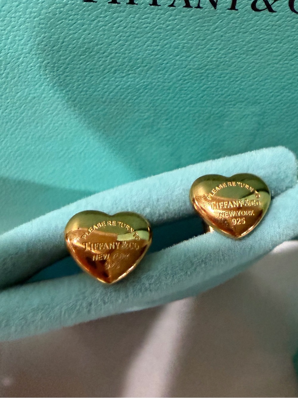 Mini Tiffany Blue Gold Heart Stud Earrings 18k $2,300